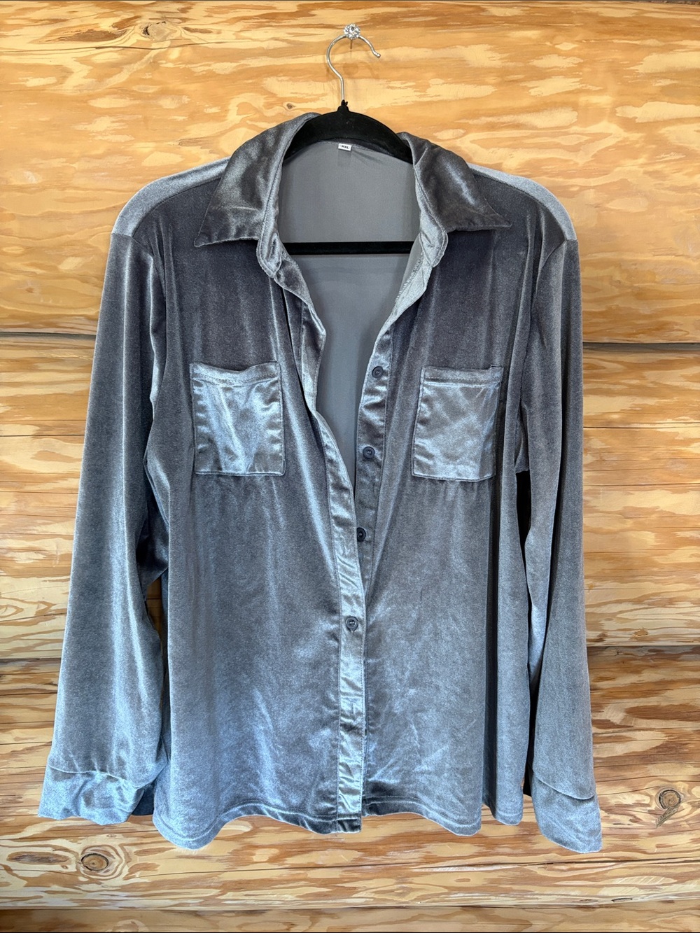 Women's Velvet Button-Down Shirt in Silver Gray